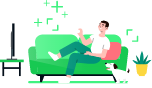 Drawing of a man on a couch watching TV with his dog.